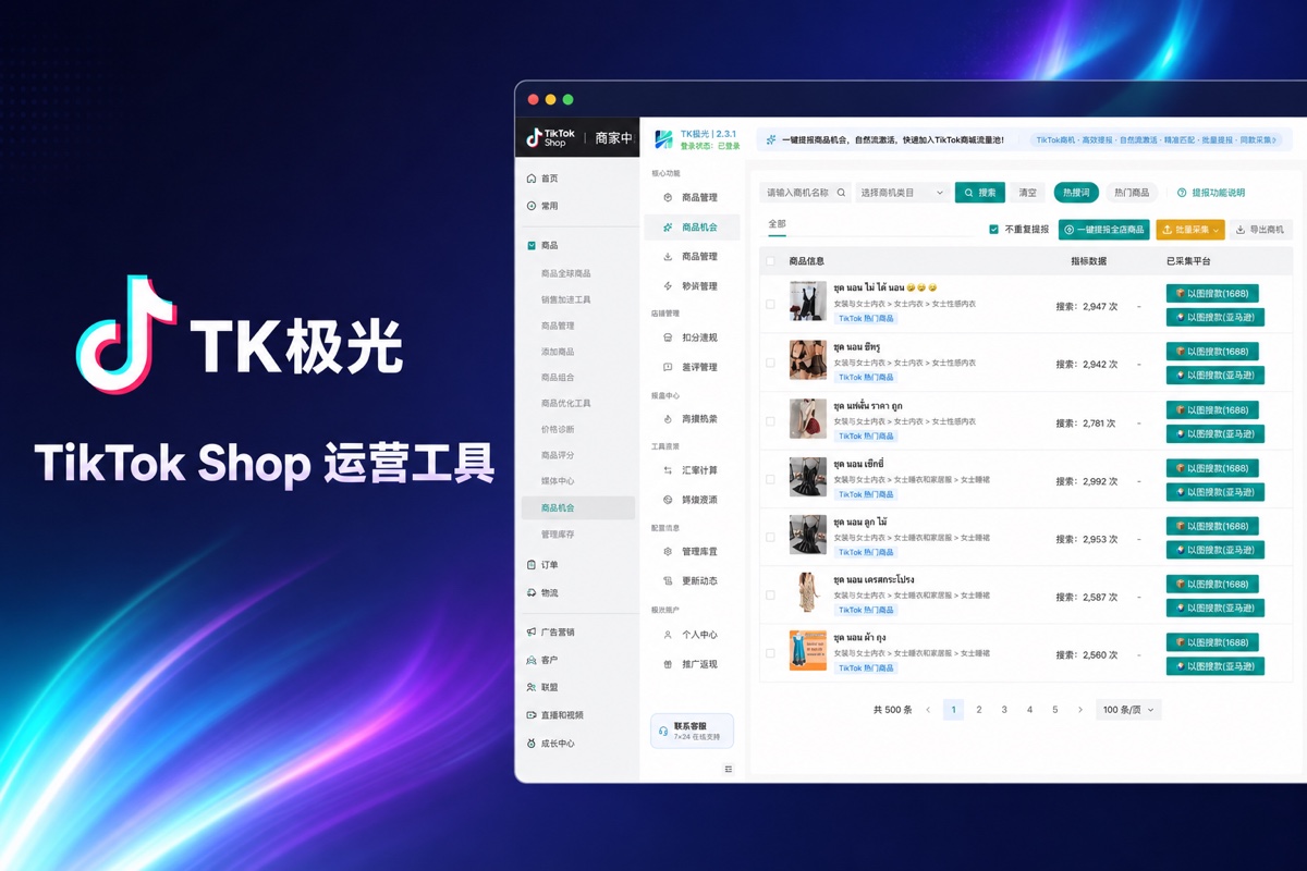 TK极光功能解析与任务导航 - TK极光 TikTok Shop 运营工具界面